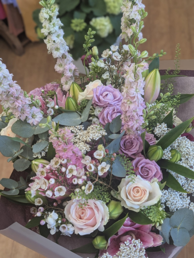 Lavender Blush Bouquet - beautifully handcrafted bouquet in soft blush pink, lavender and ivory tones, expertly arranged with seasonal flowers and foliage.